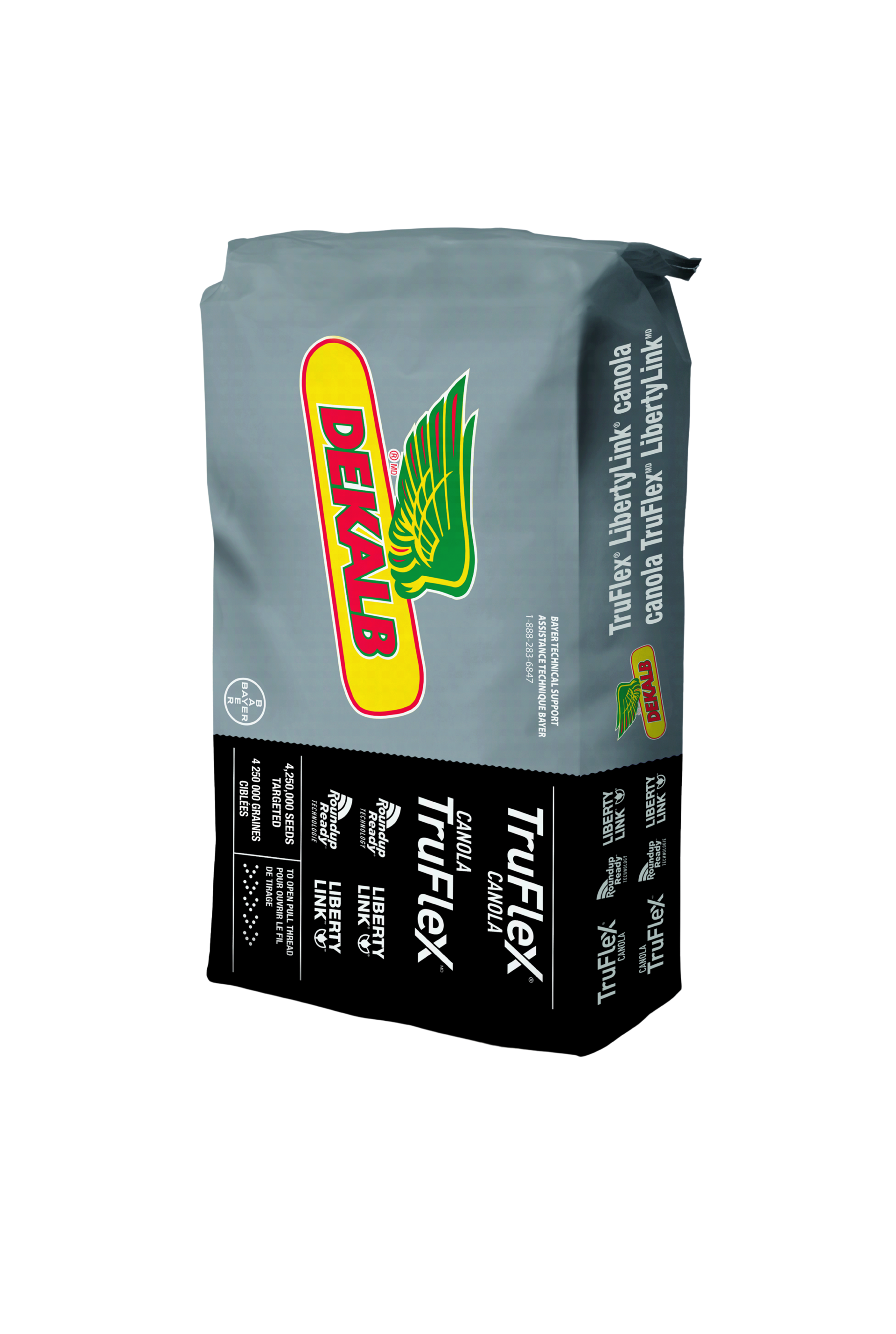 A grey bag of seed with the yellow DEKALB logo featured prominently. The bag has a black border on the bottom that says TruFlex.