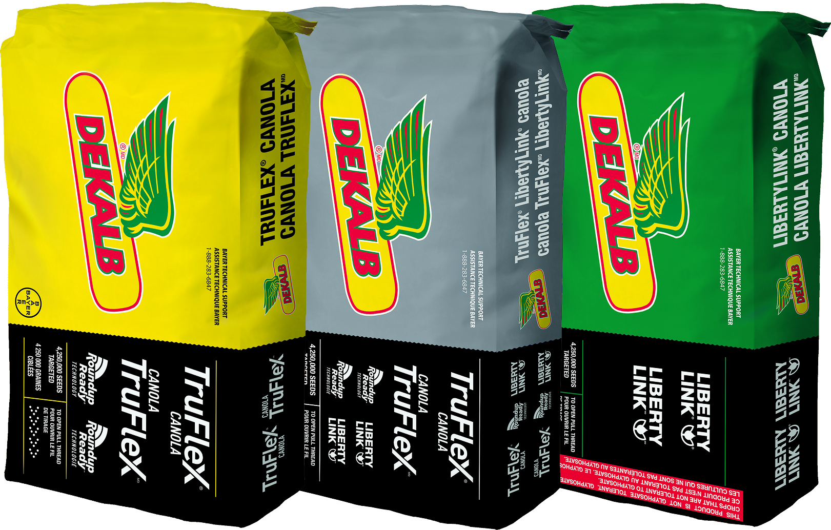 3 Bags of DEKALB Canola seed, yellow, grey and green. 